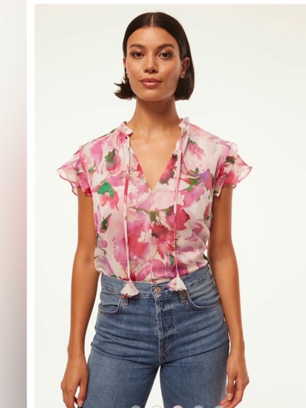 Misa Los Angeles Pink Floral Tie-Front Ruffle Blouse | M